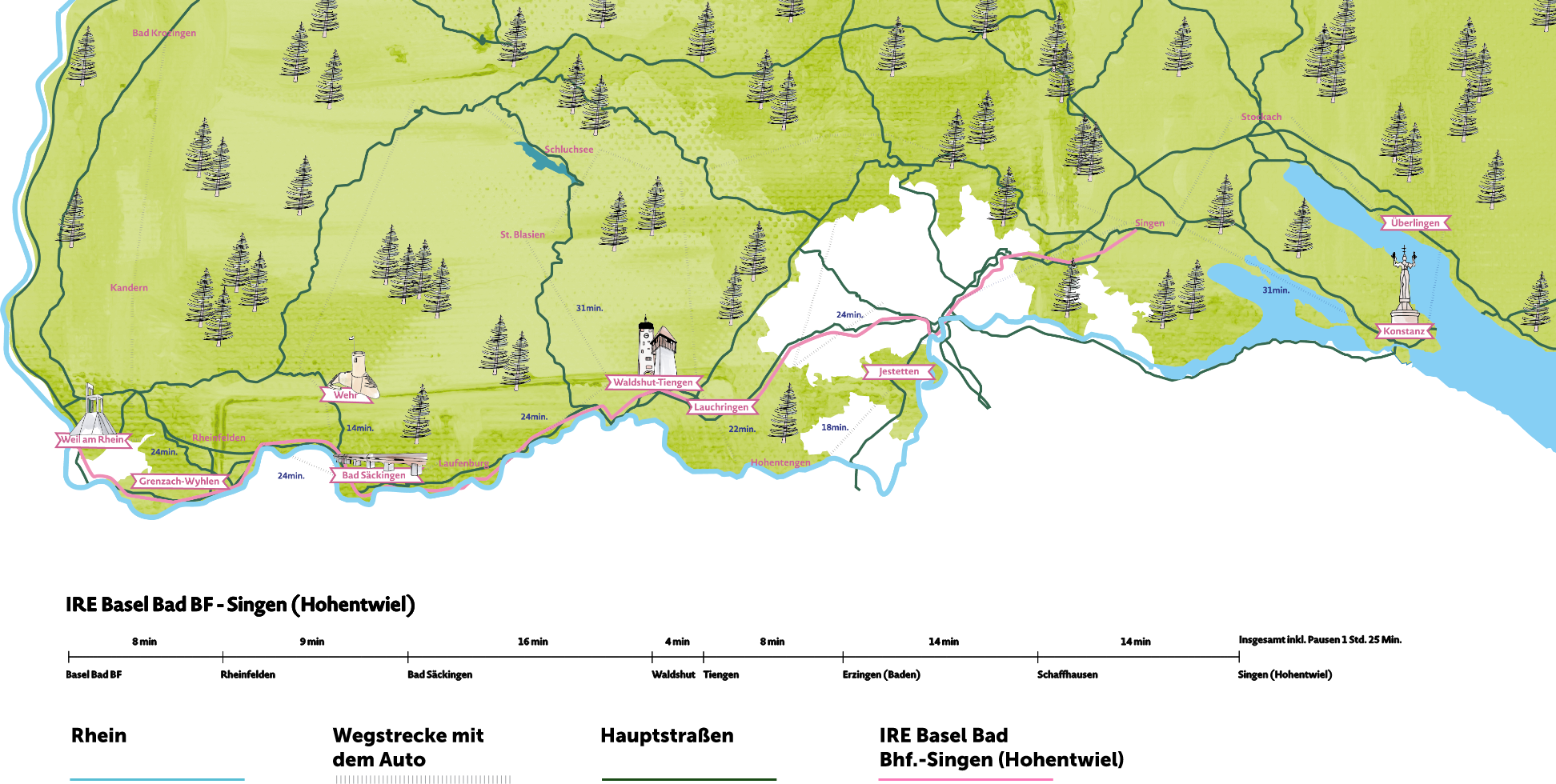 Karte eines Gebiets mit Standorten und Wanderzeiten, umgeben von Wäldern und Wasserwegen.