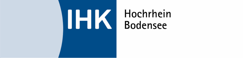 Logo der IHK Hochrhein-Bodensee, bestehend aus Text und einem grafischen Element in Blau und Weiß.