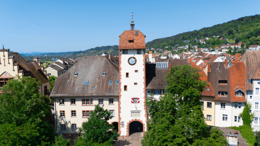 Historisches Gebäude mit Turm, Uhr und roten Dächern, umgeben von Bäumen und Aussicht auf Hügel und Landschaft.
